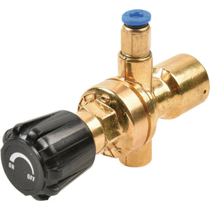 This image shows the Draper Mig Gas Bottle Regulator Disposable Cylinder No Gauge - W471D, featuring a brass valve with a black plastic on/off knob and a blue-topped pressure relief valve, essential components for gas welders.