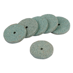 The Draper Tube of six 22mm 80 Grit Grinding Wheels for the 95W Multi-Tool Kit (APT70A) features a set of green abrasive wheels, compatible with Draper multi-tools. Each wheel, equipped with a central hole, is arranged with one positioned in front of the others and serves as an ideal accessory for similar machines.