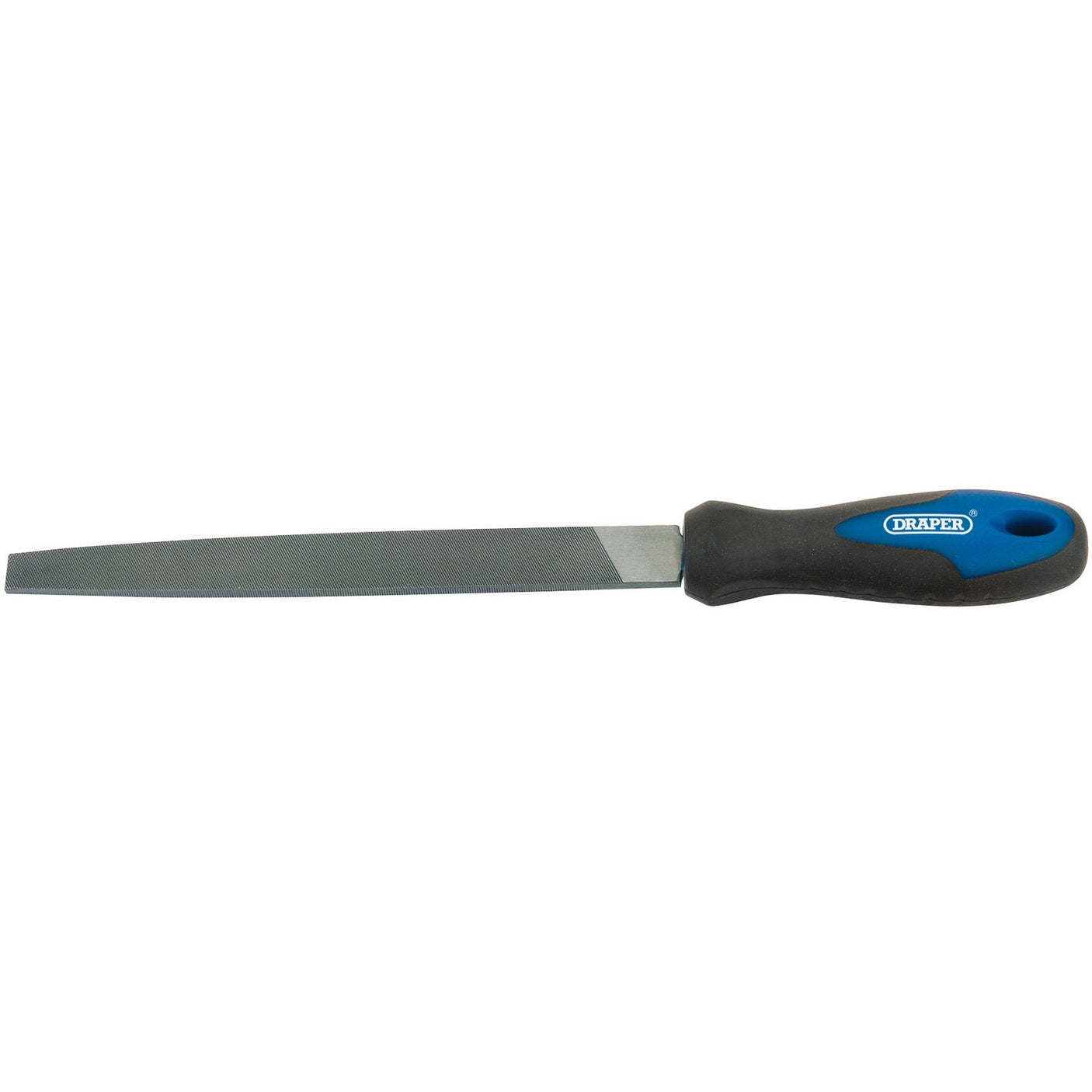 The Draper Engineer's Flat Second Cut File with Soft Grip Handle, 200mm - 8106B is crafted from high carbon steel and features a black and blue handle. The handle, bearing "DRAPER" on it, provides a soft grip for enhanced comfort.