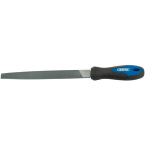 The Draper Engineer's Flat Second Cut File with Soft Grip Handle, 200mm - 8106B is crafted from high carbon steel and features a black and blue handle. The handle, bearing "DRAPER" on it, provides a soft grip for enhanced comfort.