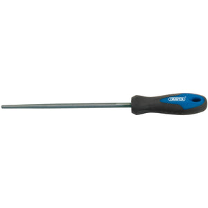 The Draper Soft Grip Engineer's Round File and Handle, 200mm - 8106B, features a long, thin serrated surface and a black and blue soft grip handle for added comfort.