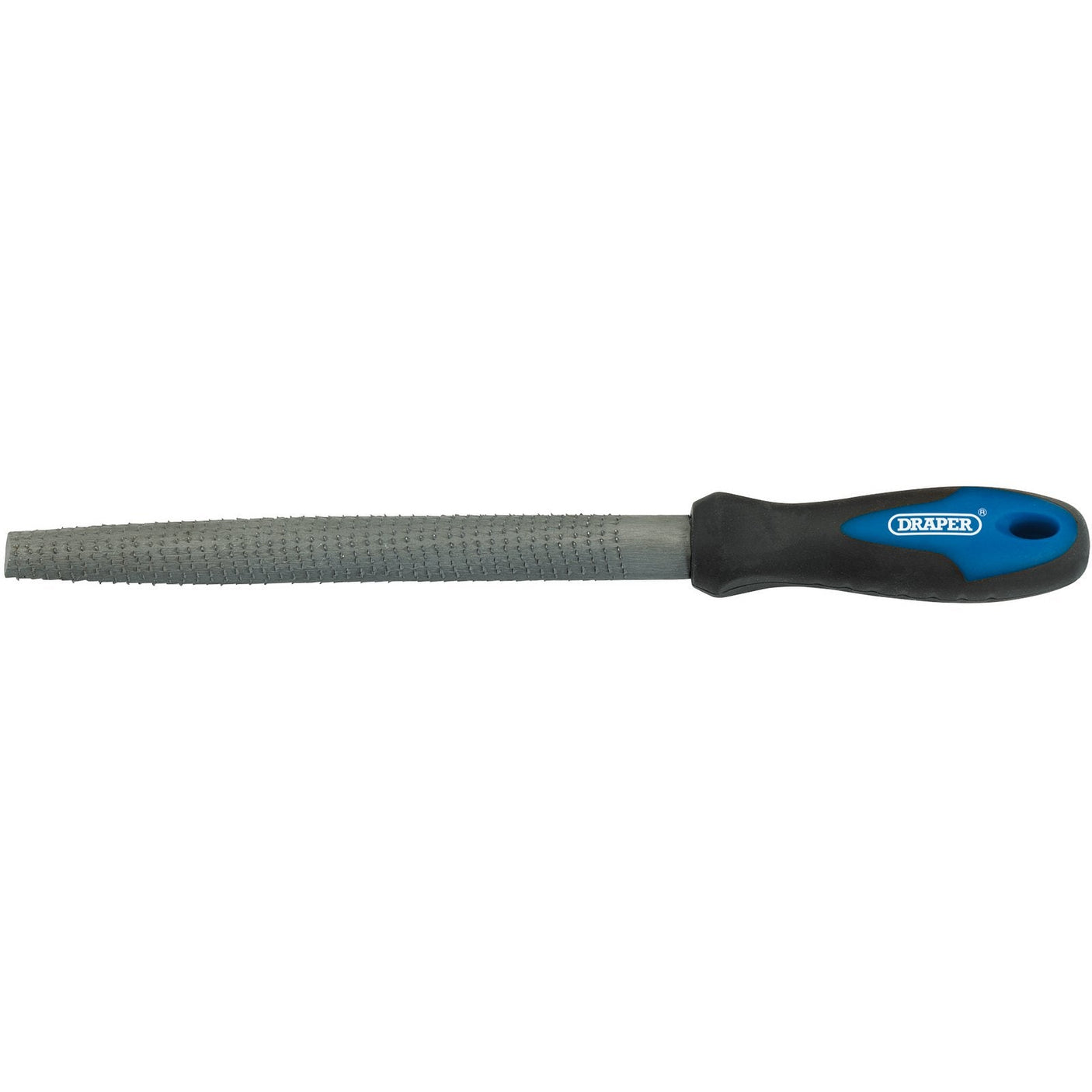 The Draper Soft Grip Engineer's Half Round Cabinet Rasp, 200mm - 8106B is a hand file with a textured metal surface, crafted from high carbon steel and featuring a black and blue handle labeled "Draper" with soft grip handles.