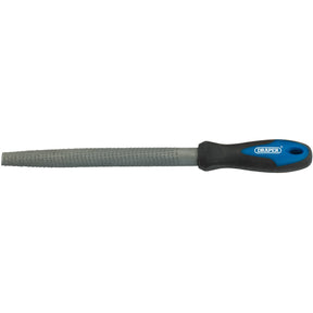 The Draper Soft Grip Engineer's Half Round Cabinet Rasp, 200mm - 8106B is a hand file with a textured metal surface, crafted from high carbon steel and featuring a black and blue handle labeled "Draper" with soft grip handles.