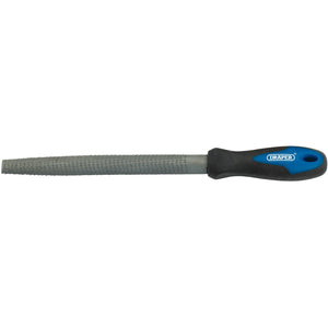 The Draper Soft Grip Engineer's Half Round Cabinet Rasp, 200mm - 8106B is a hand file with a textured metal surface, crafted from high carbon steel and featuring a black and blue handle labeled "Draper" with soft grip handles.