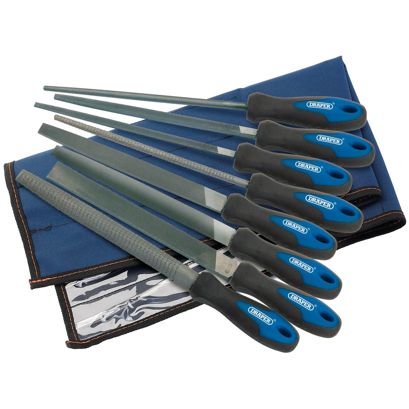 Introducing the Draper Soft Grip Engineer's File And Rasp Set, 200mm, Blue (8 Piece) - 8106B/8: a collection of eight high carbon steel files with ergonomic blue and black handles, neatly organized in a durable blue fabric case.