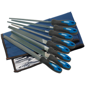 Introducing the Draper Soft Grip Engineer's File And Rasp Set, 200mm, Blue (8 Piece) - 8106B/8: a collection of eight high carbon steel files with ergonomic blue and black handles, neatly organized in a durable blue fabric case.