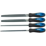 Four files from the Draper Soft Grip Engineer's File Set, 200mm (4 Piece) - 8106B/4, crafted from high carbon steel with black and blue soft grip handles are laid out in a row, each featuring different shapes: flat, round, triangular, and half-round.