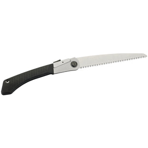 The Draper Expert Folding Pruning Saw, 210mm - D181/EXP by Draper features a black handle and a serrated blade with sharp teeth, designed for cutting wet wood. It includes a safety lock to ensure secure use while in the open position.