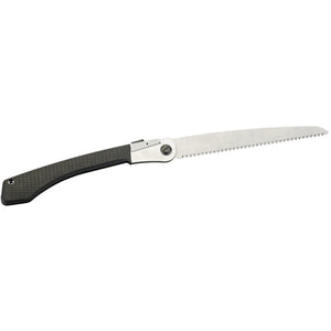 Featuring a black ergonomic handle and a silver serrated blade with super sharp teeth for wet wood cutting, the Draper Expert Folding Pruning Saw, 270mm - D181/EXP from Draper is depicted in the open position.