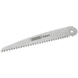 A silver saw blade, specifically the Draper Sp.Blade For Prun1Ng Saw 210mm - YD181/EXP, designed with sharp, pointed teeth is depicted against a white background. The blade features the branding "Draper" on it.