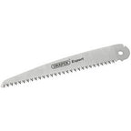 A silver saw blade, specifically the Draper Sp.Blade For Prun1Ng Saw 210mm - YD181/EXP, designed with sharp, pointed teeth is depicted against a white background. The blade features the branding "Draper" on it.