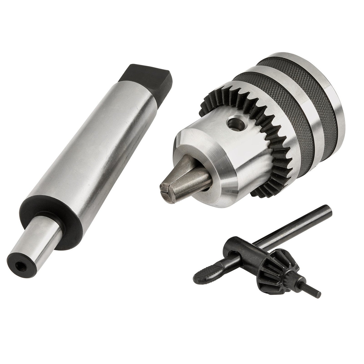 A set of Draper Mt4 Geared Chuck - YGCA accessories, including a drill chuck, arbor, and key, displayed on a white background.