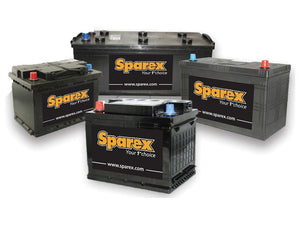 Four black automotive batteries of different sizes, each labeled with the "Sparex" brand logo and website, including a 12V motorcycle battery named Battery C60-N30L-A (Sparex Part Number: S.45205).