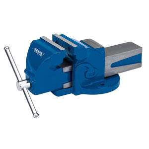 A Draper Engineer's Bench Vice, 100mm - BV100/L, in blue and silver metal with carbon steel jaws and a large turning handle, featuring the Draper logo on its side, secured onto a quality cast iron base.