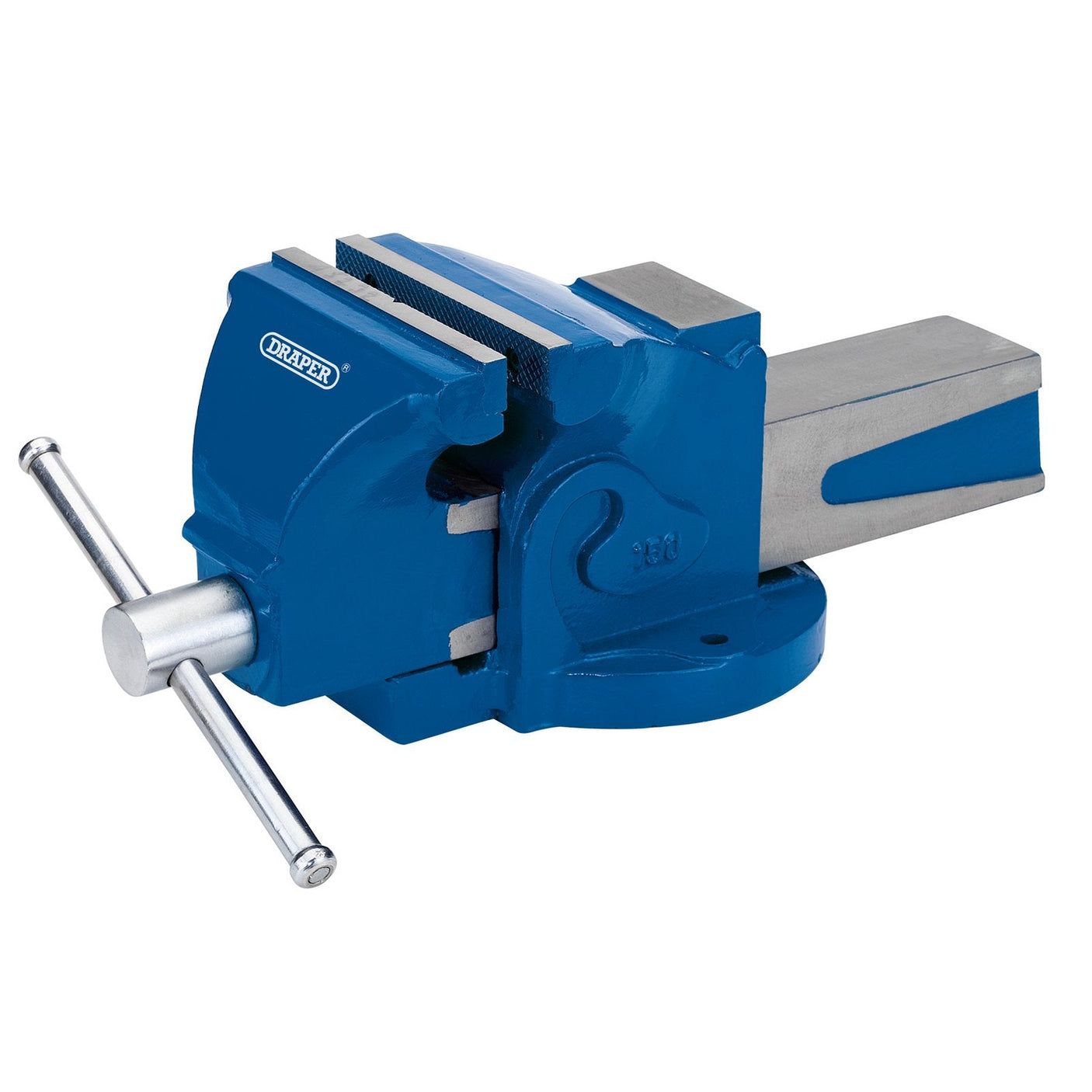 A blue Draper Engineers Bench Vice, 150mm (BV150/L), featuring a cast iron body, rotating spindle, and carbon steel jaws for efficient clamping.