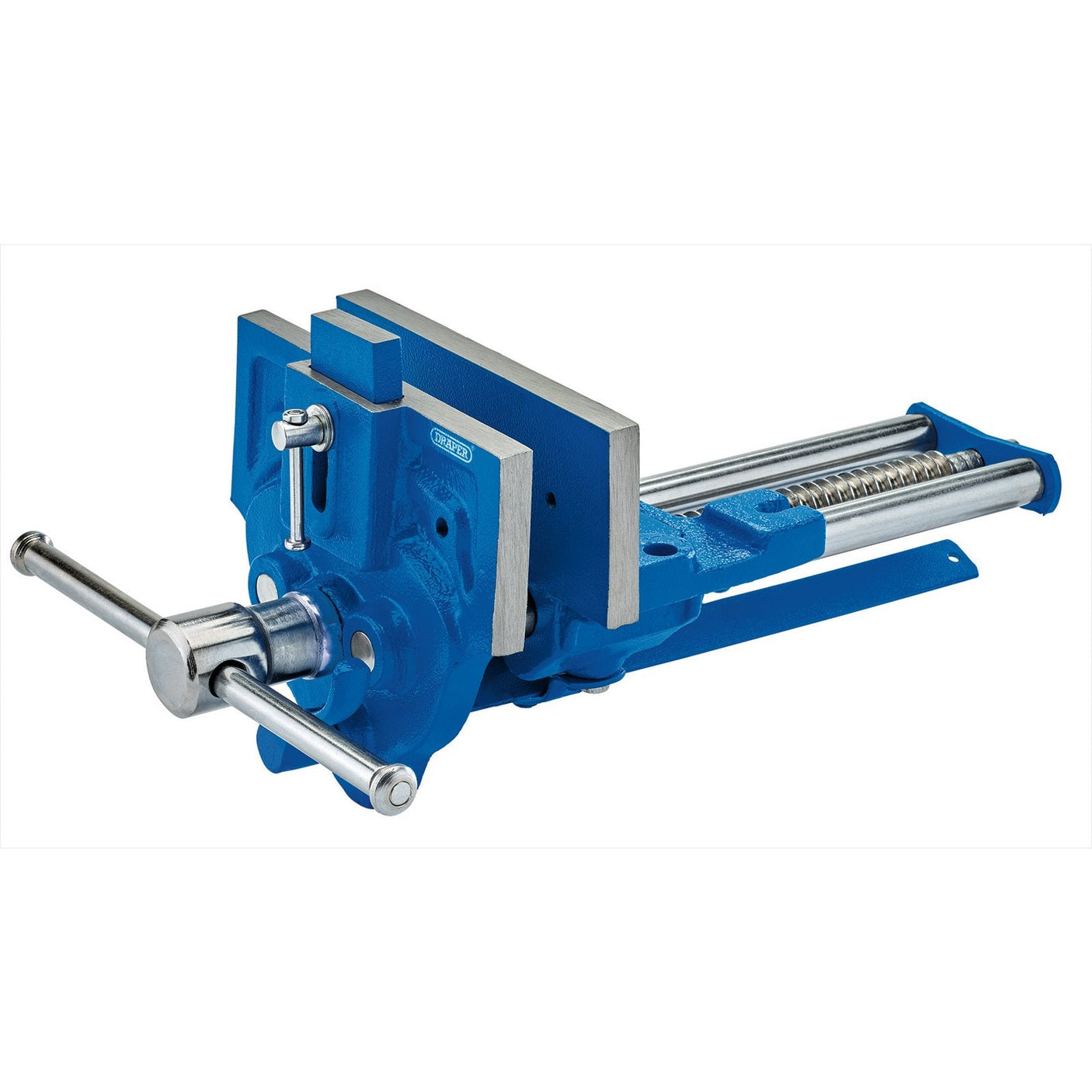 The Draper Quick Release Woodworking Bench Vice, 175mm - WWV175/L is a blue metal vise from Draper, featuring a rotating handle on one side and a quick release mechanism, designed to secure an object firmly in place while work is done on it.