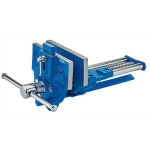 The Draper Quick Release Woodworking Bench Vice, 175mm - WWV175/L is a blue metal vise from Draper, featuring a rotating handle on one side and a quick release mechanism, designed to secure an object firmly in place while work is done on it.