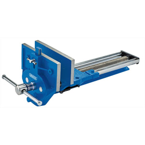 The Draper Quick Release Woodworking Bench Vice, 225mm - WWV225/L by Draper, shown in blue cast iron, features a screw mechanism, quick release mechanism, and an adjustable front dog for versatile clamping.