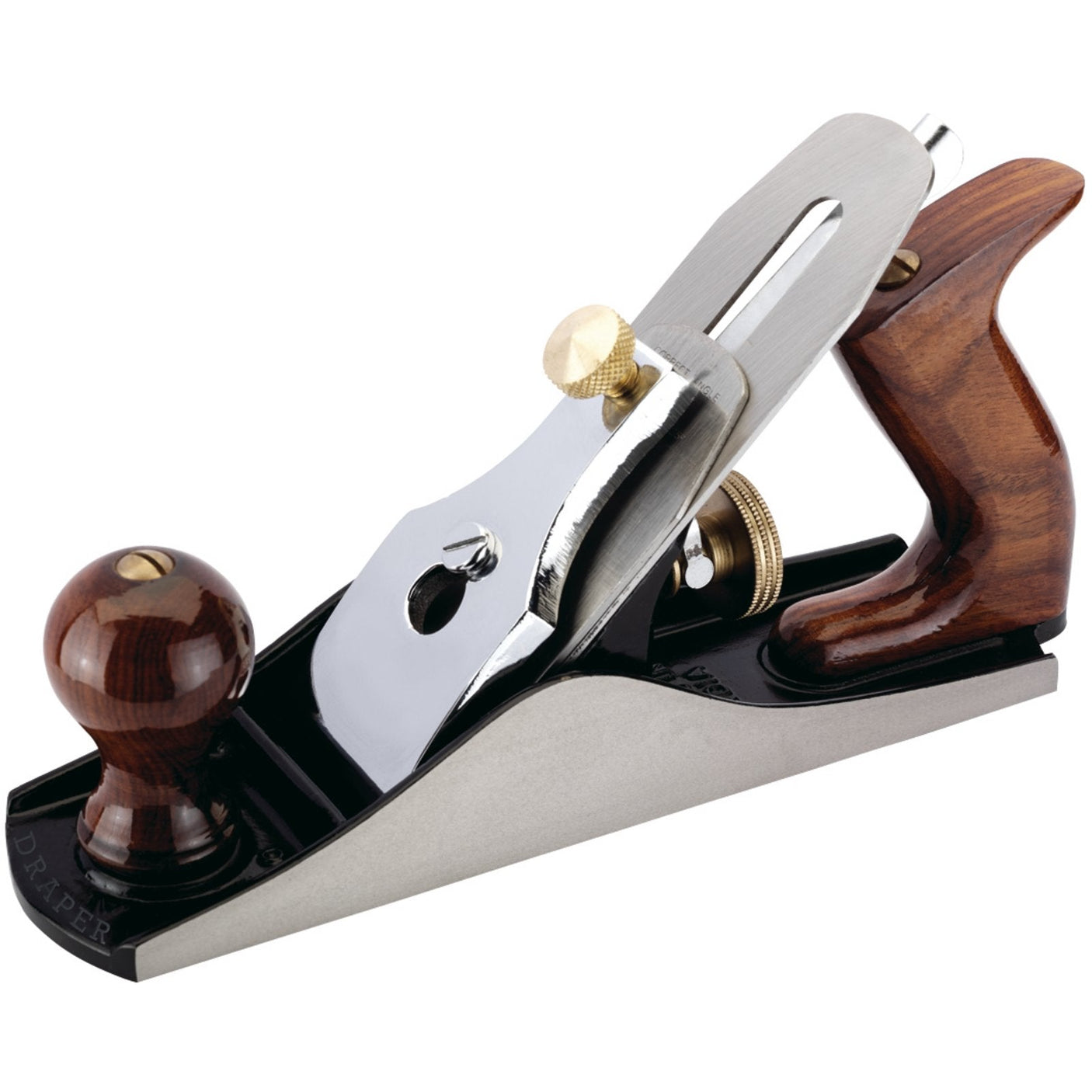 The Draper Smoothing Plane, 250mm - P4/L features a cast iron body, wooden knob and handle, and a high carbon steel iron, making it ideal for smoothing and shaping wood surfaces.