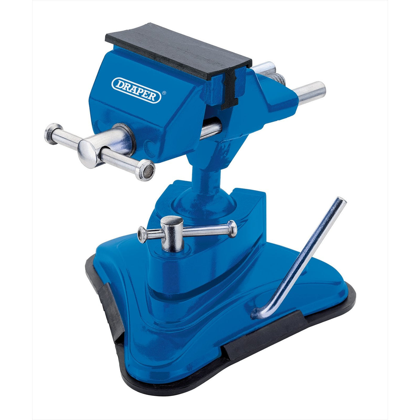 A Draper Vacuum Vice, 75mm - VAC 10/L, by Draper featuring a blue color, swivel base, V-grooved jaws, and a black rubber grip attachment on the bottom.