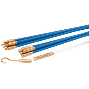 The Draper Rod Cable Access Kit, 1M - CAKL by Draper is a set of flexible fiberglass rods, reinforced with polyester, featuring blue and white colors and brass connectors. It's designed for pulling wires through walls or conduit and includes a storage tube for easy access to wires and cables.