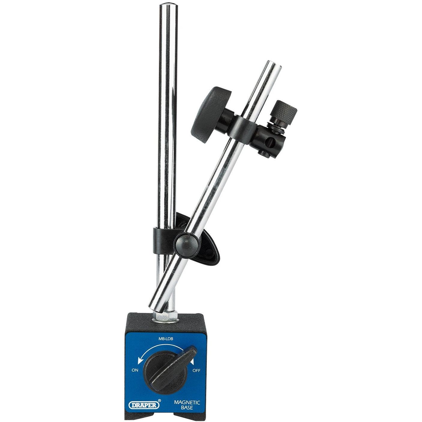 The Draper Magnetic Stand - MB-LDB by Draper is a precision ground surface magnetic base holder featuring adjustable arms, an on/off switch control, and a blue label reading "Magnetic Base," making it ideal for securing dial gauges.