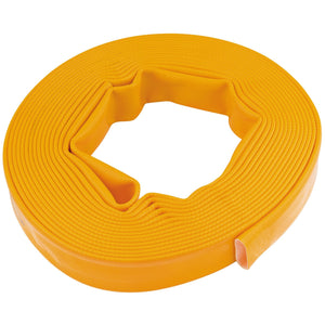 The Draper Layflat Hose, 10M X 25mm - ASWP3A is a durable, coiled flat hose in yellow featuring a star-shaped hollow center and a reinforced black liner for higher bursting pressure.