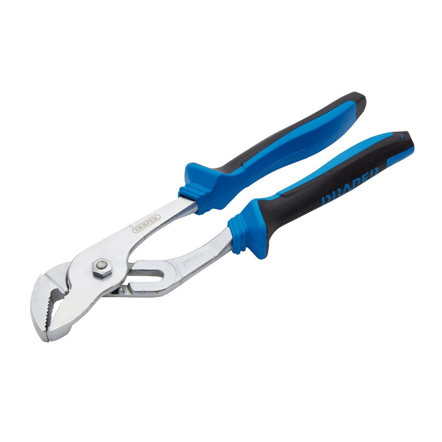 The Draper Soft Grip Waterpump Pliers, 240mm, 33mm Capacity - 4002A is made from chrome vanadium steel and features blue and black heavy-duty soft grip handles designed for better grip.