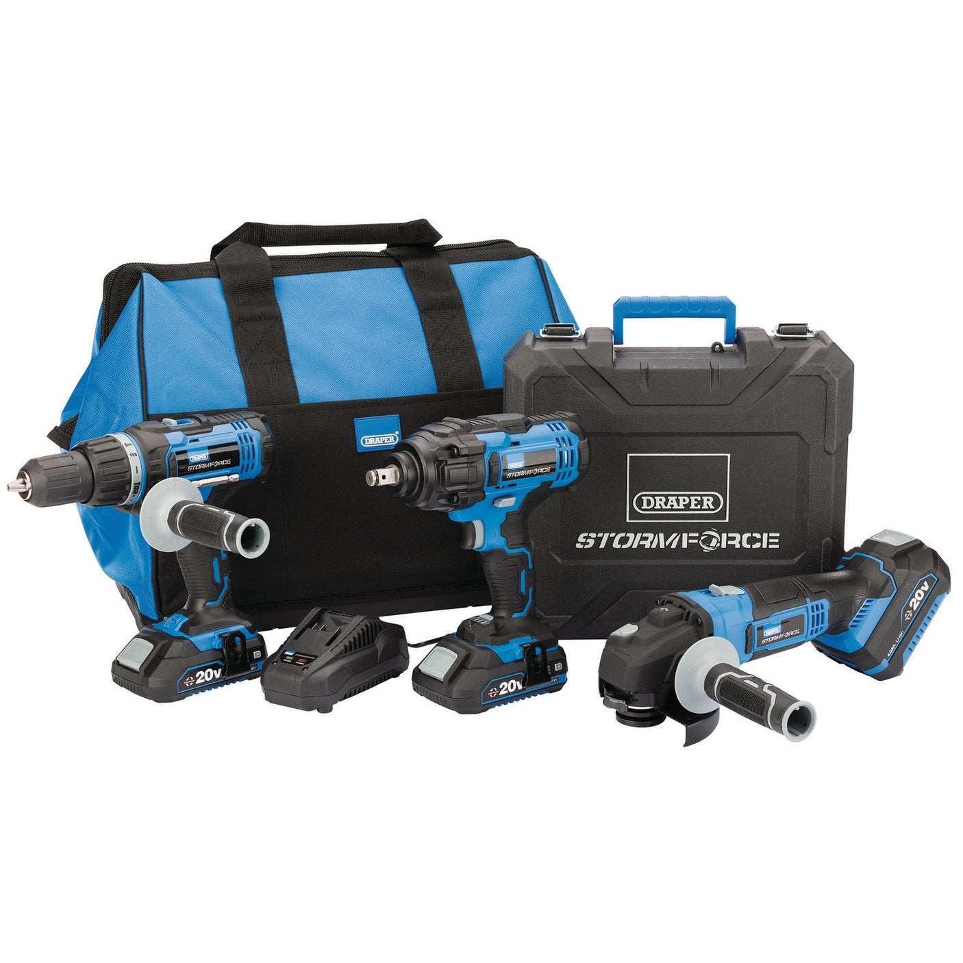 The Draper Storm Force® 20V Cordless Mega Kit (8 Piece) - PTK20VF/G is a set of Draper Stormforce cordless power tools that includes a combi drill, impact driver, angle grinder, li-ion batteries, battery charger, carry bag, and hard case.