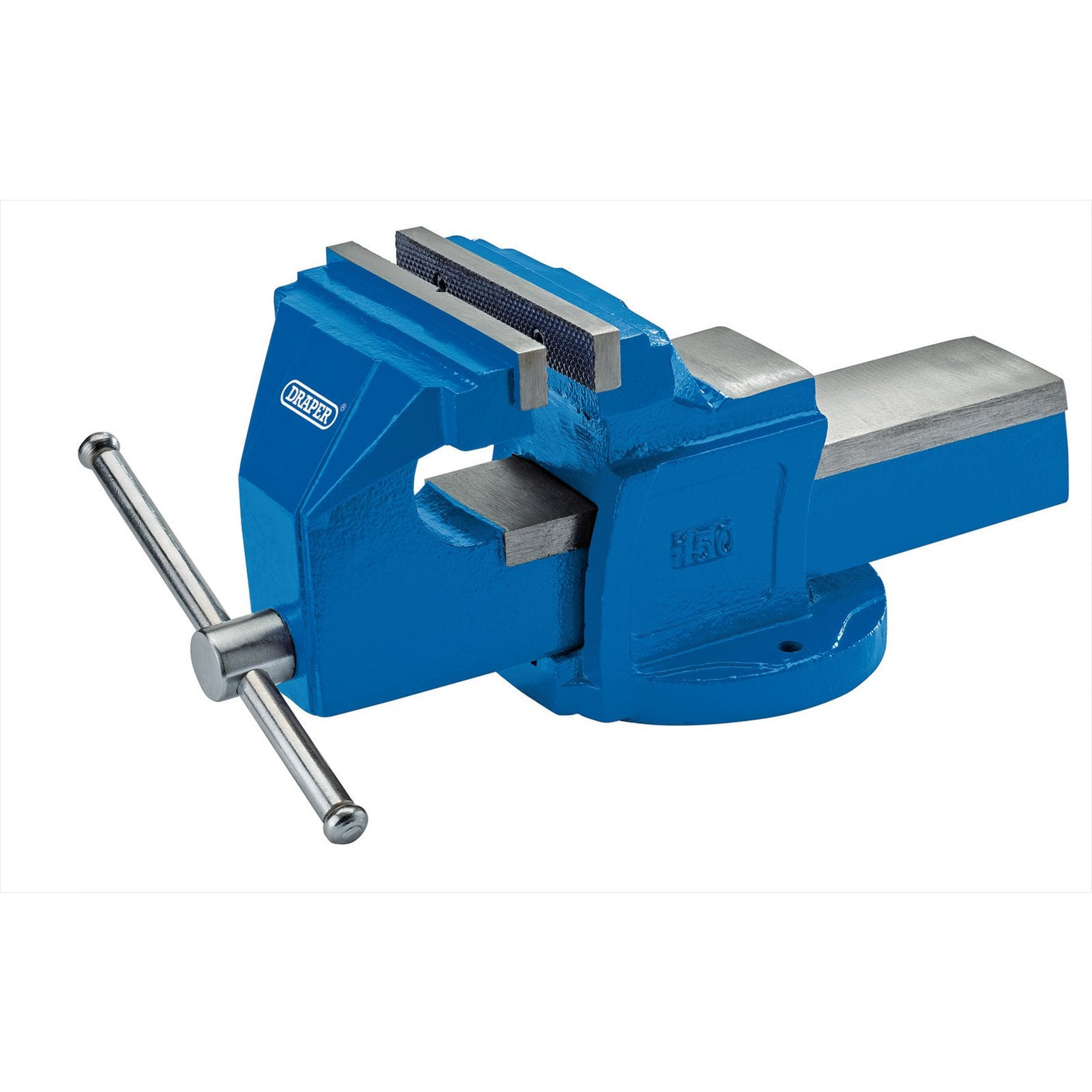 The Draper Engineers Vice, 150mm - BV2/L by Draper is a blue metal bench vise featuring a rotating handle, hardened carbon steel jaws, and a trapezoidal thread lead screw for secure clamping.