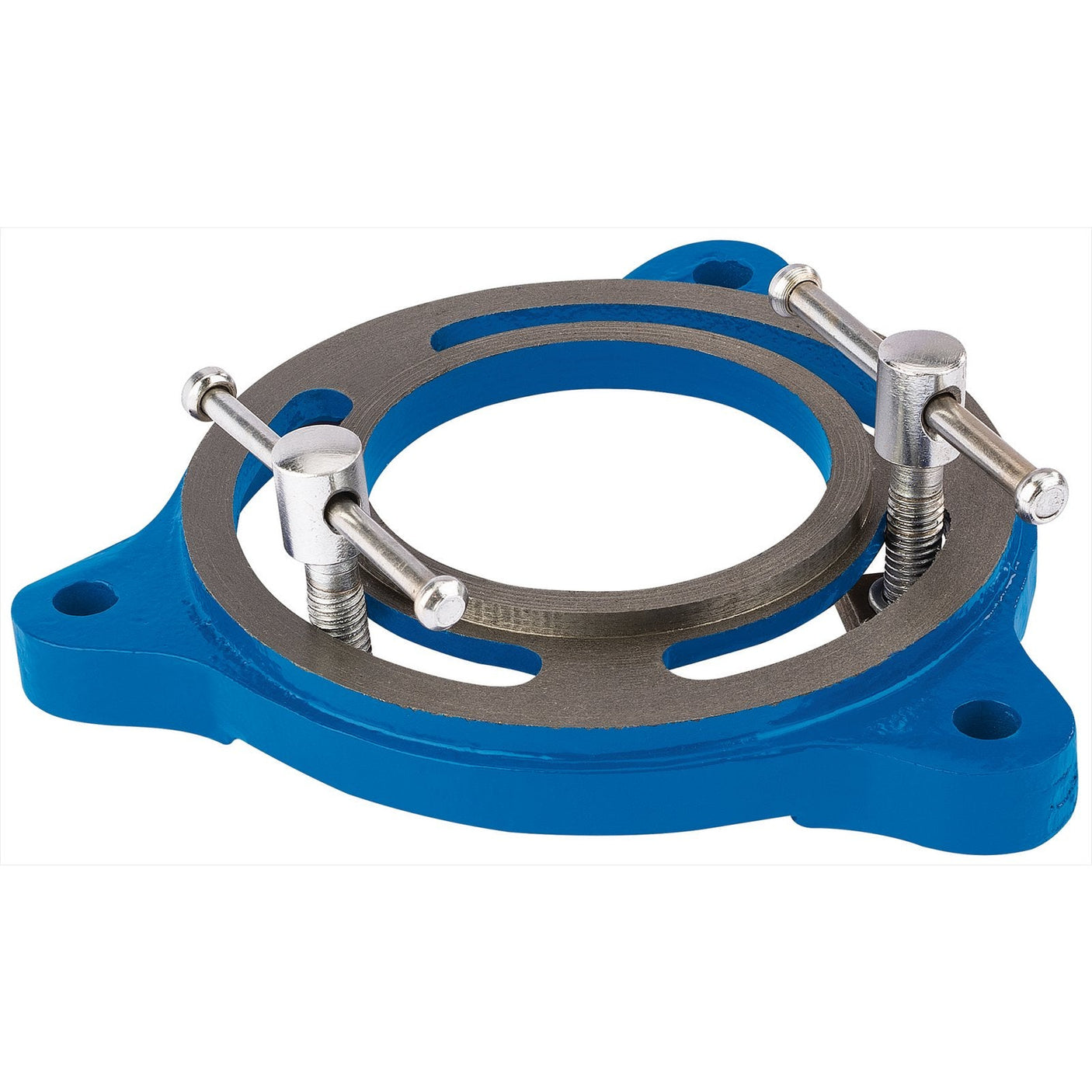 Image of the Draper Swivel Base For 44506 Engineers Bench Vice (100mm - BV-SB2) in blue metal with an adjustable circular clamp held in place by two metallic screws, perfect for use with engineers bench vices.