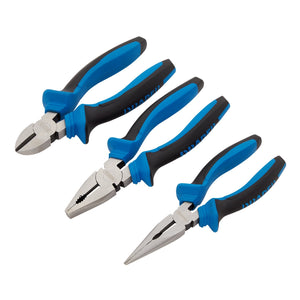 Three blue-and-black-handled tools from the Draper Soft Grip Pliers Set, 160mm, Blue (3 Piece) - SGPS/3 are arranged on a white background: a diagonal side cutter, a combination plier, and a long nose plier.