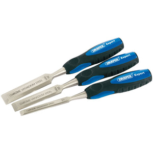 Three Draper Expert Soft Grip Bevel Edge Wood Chisels, each 150mm, arranged in descending size order, featuring impact-resistant blue and black handles and crafted from durable chrome vanadium steel.