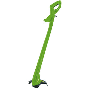 The Draper Grass Trimmer with Double Line Feed, 220mm, 250W - GT2318 is a green electric trimmer featuring an ergonomic handle and curved shaft, designed with a powerful 250W motor for efficient lawn care and gardening.