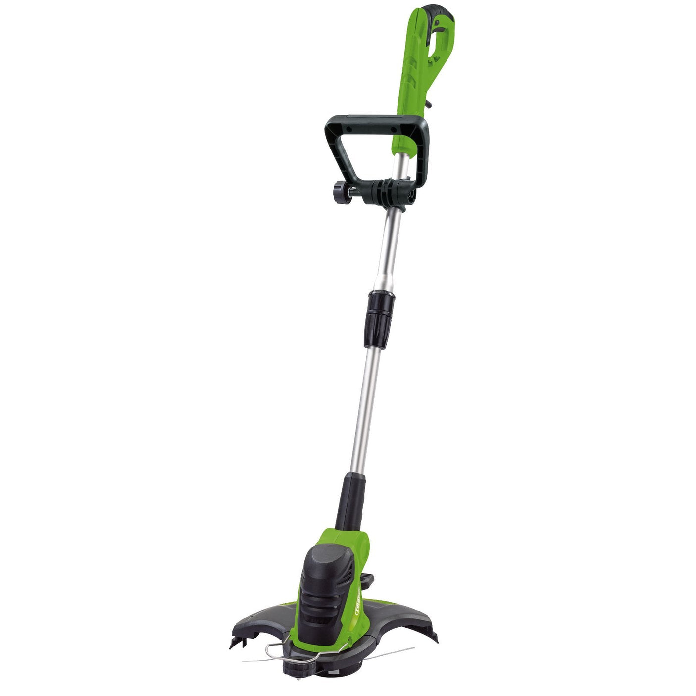 The Draper Grass Trimmer With Double Line Feed, 300mm, 500W - GT530B features a green cordless design with a silver telescopic shaft, black control surfaces, and a double line auto feed cutting head, making it perfect for lawn and garden maintenance.