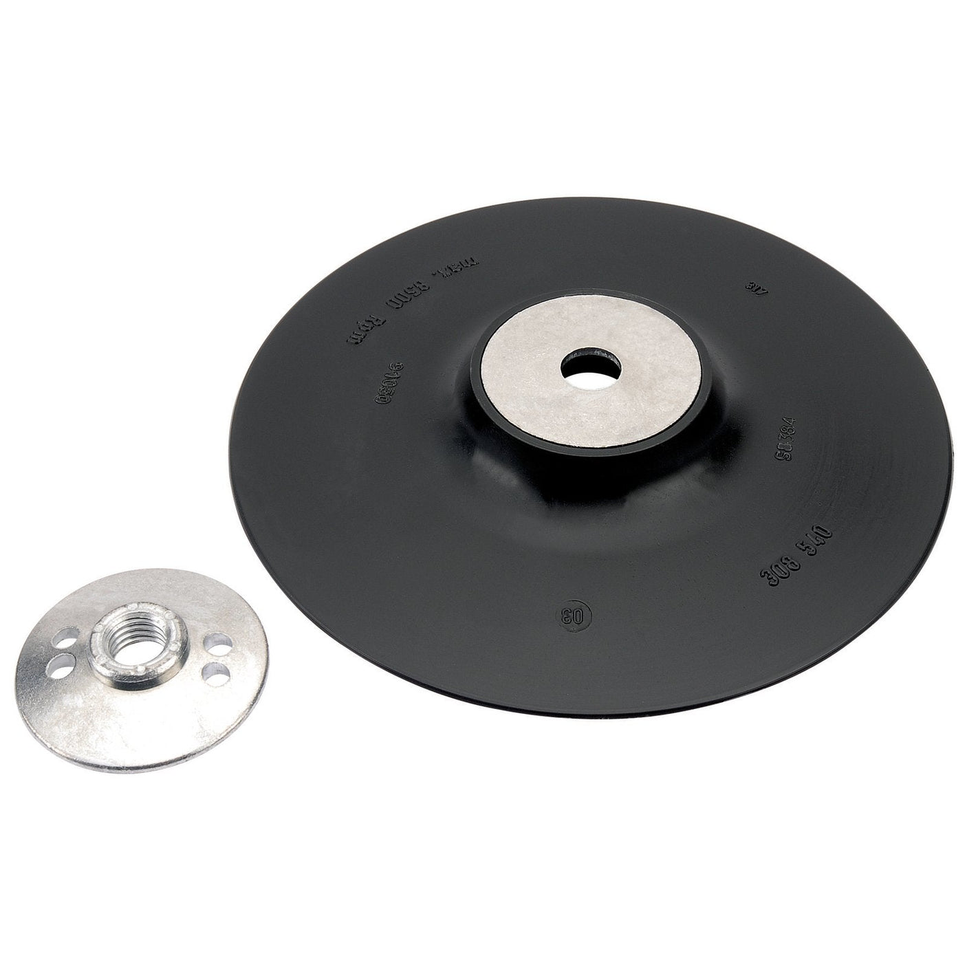 A Draper Grinding Disc Backing Pad (180mm, APT124) featuring a circular black design and a central metal hub is situated next to a separate round metal piece with four holes that functions as a locking flange nut.