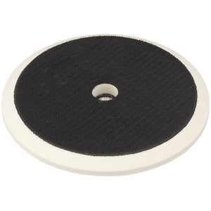 The Draper Backing Pad, 175mm - APT118 by Draper is a round black and white sanding disc with a central hole and hook and loop fixing, designed as an abrasive attachment for angle polishers.