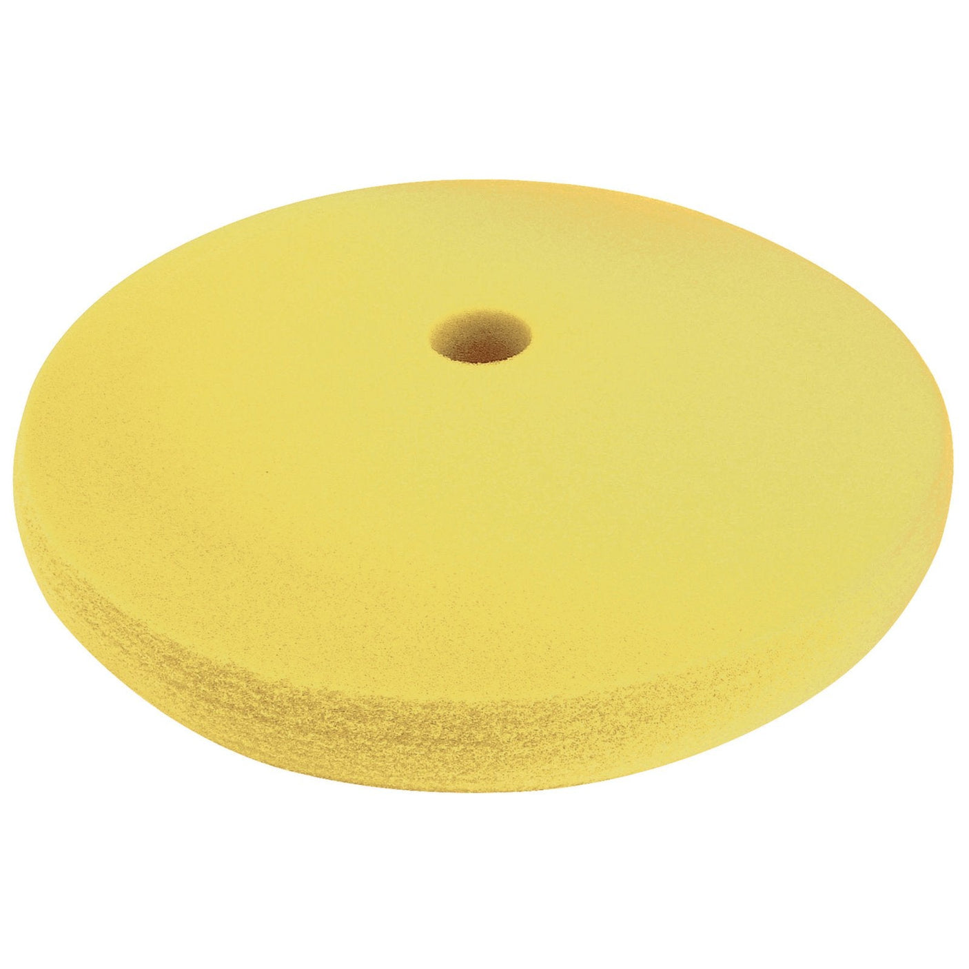 The Draper Polishing Sponge - Heavy Cut, 180mm - APT121 is a round, yellow foam buffing pad featuring a hole in the center and a hook and loop fixing, ideal for 180mm angle polishers, displayed on a white background.