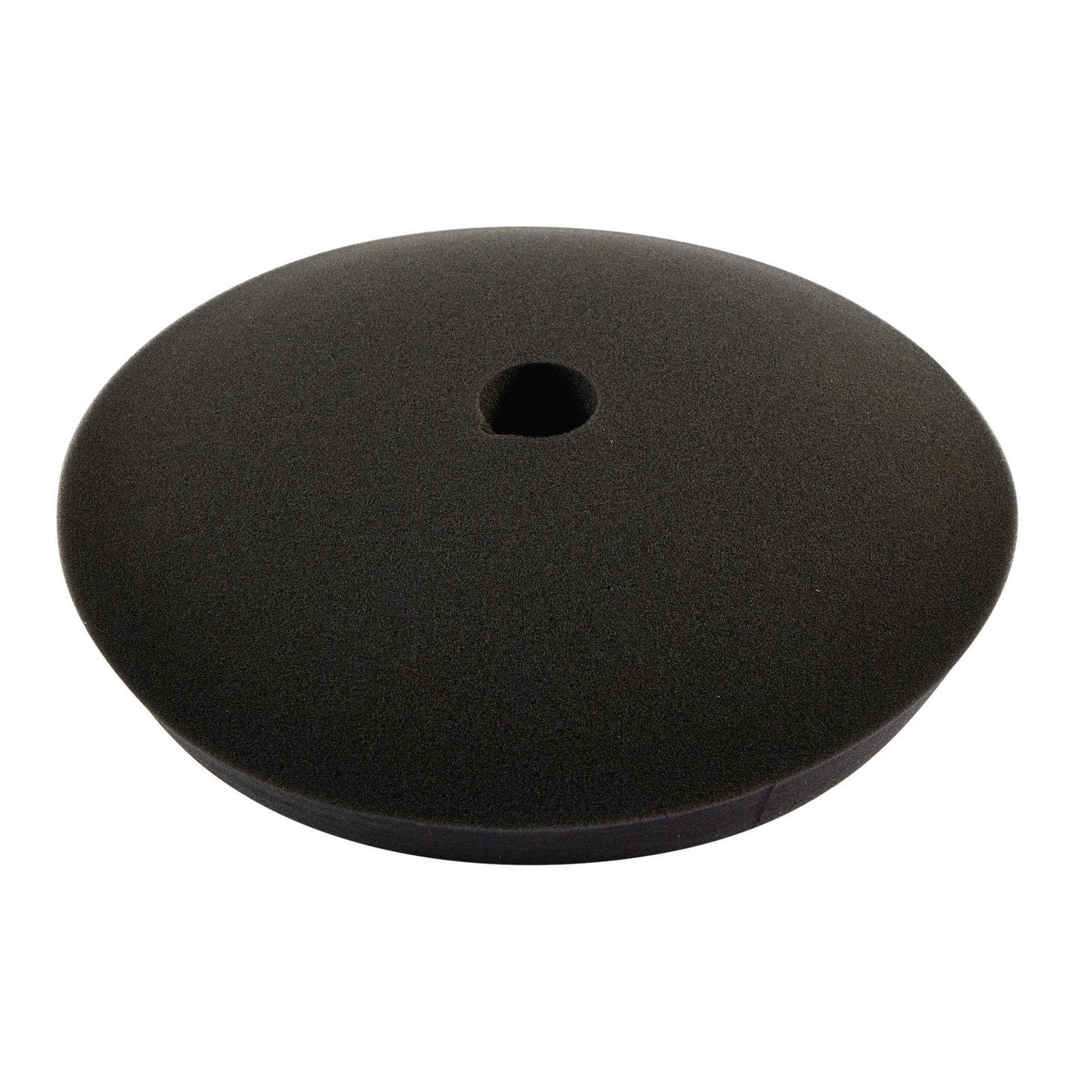 A top view of the Draper Polishing Sponge - Final Finish, 180mm - APT121, reveals its round black foam pad with a hole in the center, specifically designed to fit 180mm angle polishers.