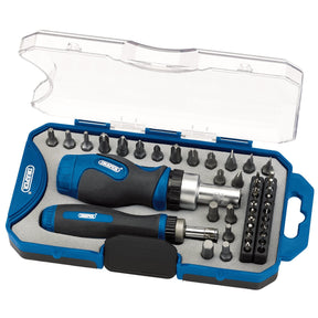 The Draper Ratchet Screwdriver And Bit Set (42 Piece) - RBS42, from the brand Draper, comes in a blue and black plastic case with a transparent lid. It includes screwdriver handles, chrome vanadium steel bits, and various accessories.