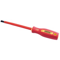 A Draper Fully Insulated Plain Slot Screwdriver, 6.5 x 150mm, featuring a red and yellow ergonomic handle, black tip, and VDE-approved design for reliable performance.