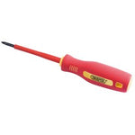 A red and yellow Draper Fully Insulated Soft Grip Cross Slot Screwdriver, No.0 X 75mm - 952CS with an insulated handle, certified to EN 60900 standards.