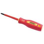 A Draper Fully Insulated Soft Grip Cross Slot Screwdriver, No.1 X 80mm - 952CS, featuring a red and yellow handle with the brand logo, fully insulated and EN 60900 certified for safety.