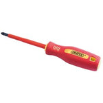 A Draper Fully Insulated Soft Grip Cross Slot Screwdriver, No.2 X 100mm - 952CS with a red handle and VDE approval, featuring a fully insulated shaft and a black tip, with the brand name "Draper" on the handle.