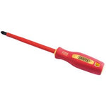 A Draper Fully Insulated Soft Grip Pz Type Screwdriver, No.3 X 150mm - 952PZ, featuring a red and black design with a yellow label on the handle and VDE approval.