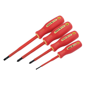 Four Draper Fully Insulated Screwdrivers (4 Piece), featuring VDE approval and red handles, are available in different sizes and neatly arranged in a line on a white background.