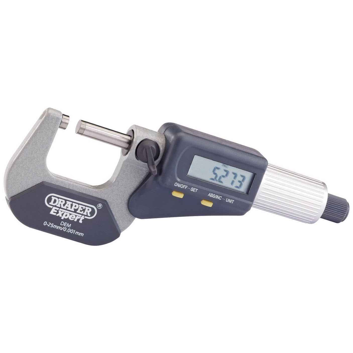 The Draper Dual Reading Digital External Micrometer, 0 - 25mm/0 - 1", featuring an enamelled frame and carbide-tipped jaws, displays an accurate measurement of 52.73 mm on its LCD screen with a thimble for fine adjustments.