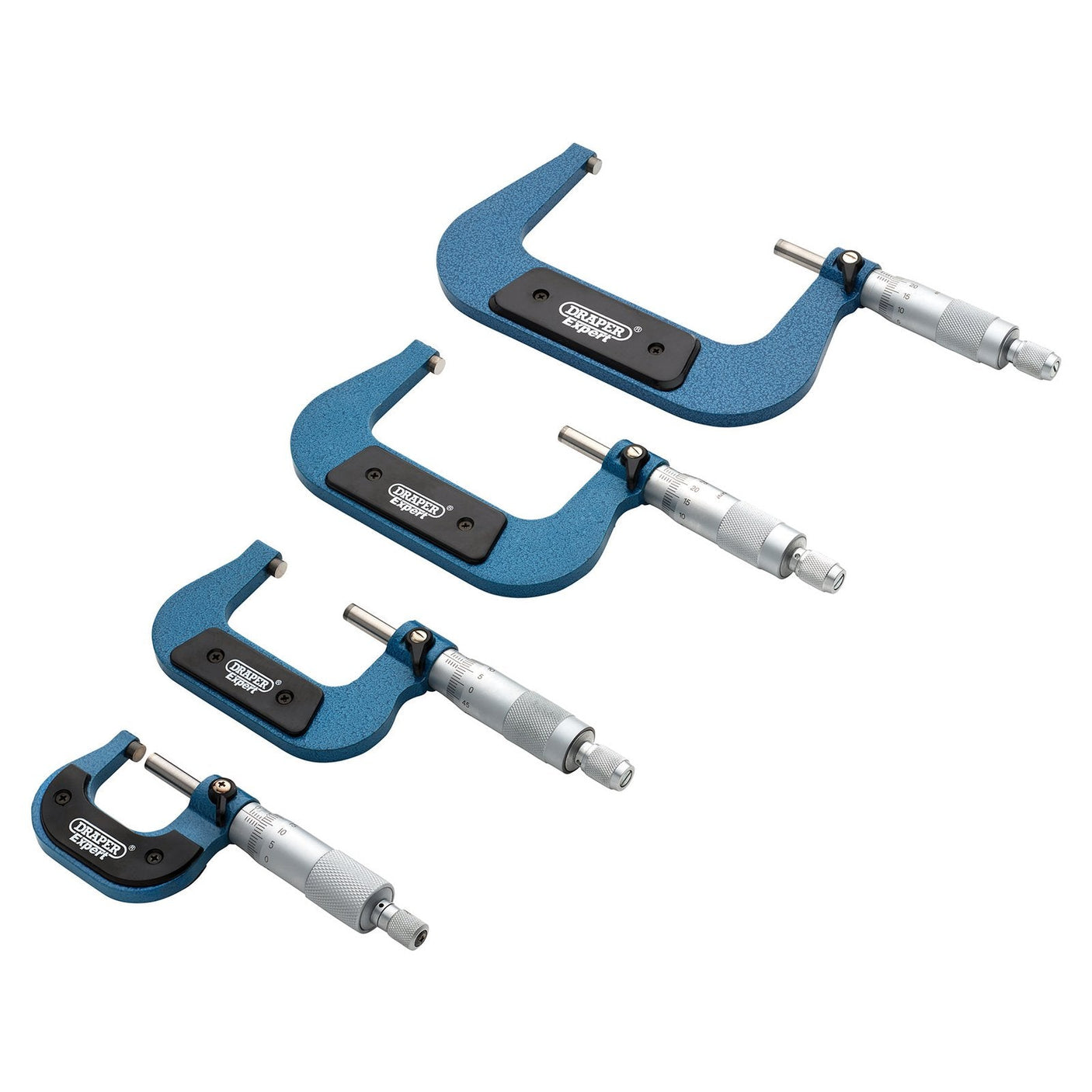 The Draper Metric External Micrometer Set (4 Piece) - PEM/4, featuring blue and silver enamelled frames and carbide tipped anvils, is aligned in descending order from top to bottom.