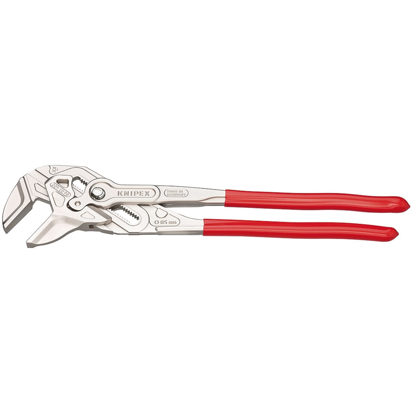 The Draper Knipex 86 03 400 Pliers Wrench, featuring cam action jaws for superior gripping, holding, and turning objects, is adjustable with red handles and professional quality.