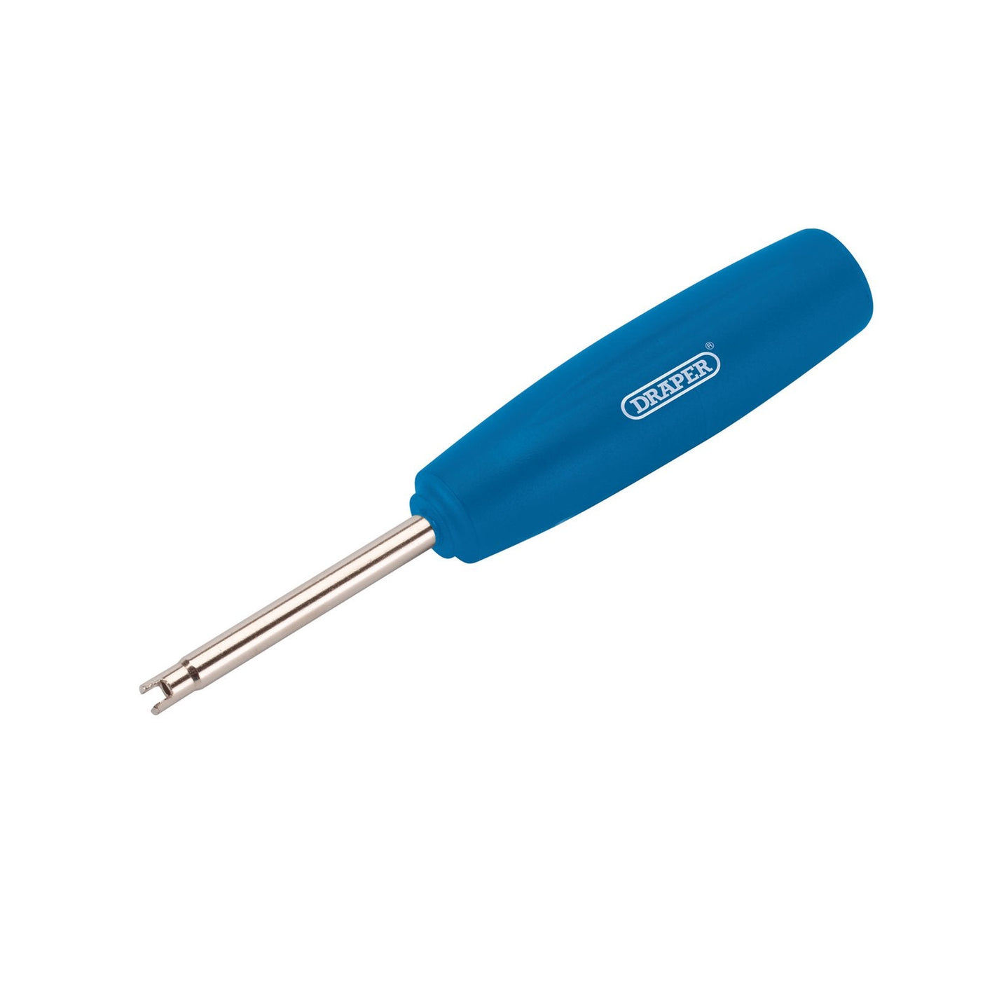 The Draper Tyre Valve Torque Driver - TVTS1, featuring a blue handle and a metal probe, proudly displays the "Draper" brand on the handle and is ideal for use with Tyre Pressure Monitoring Systems.